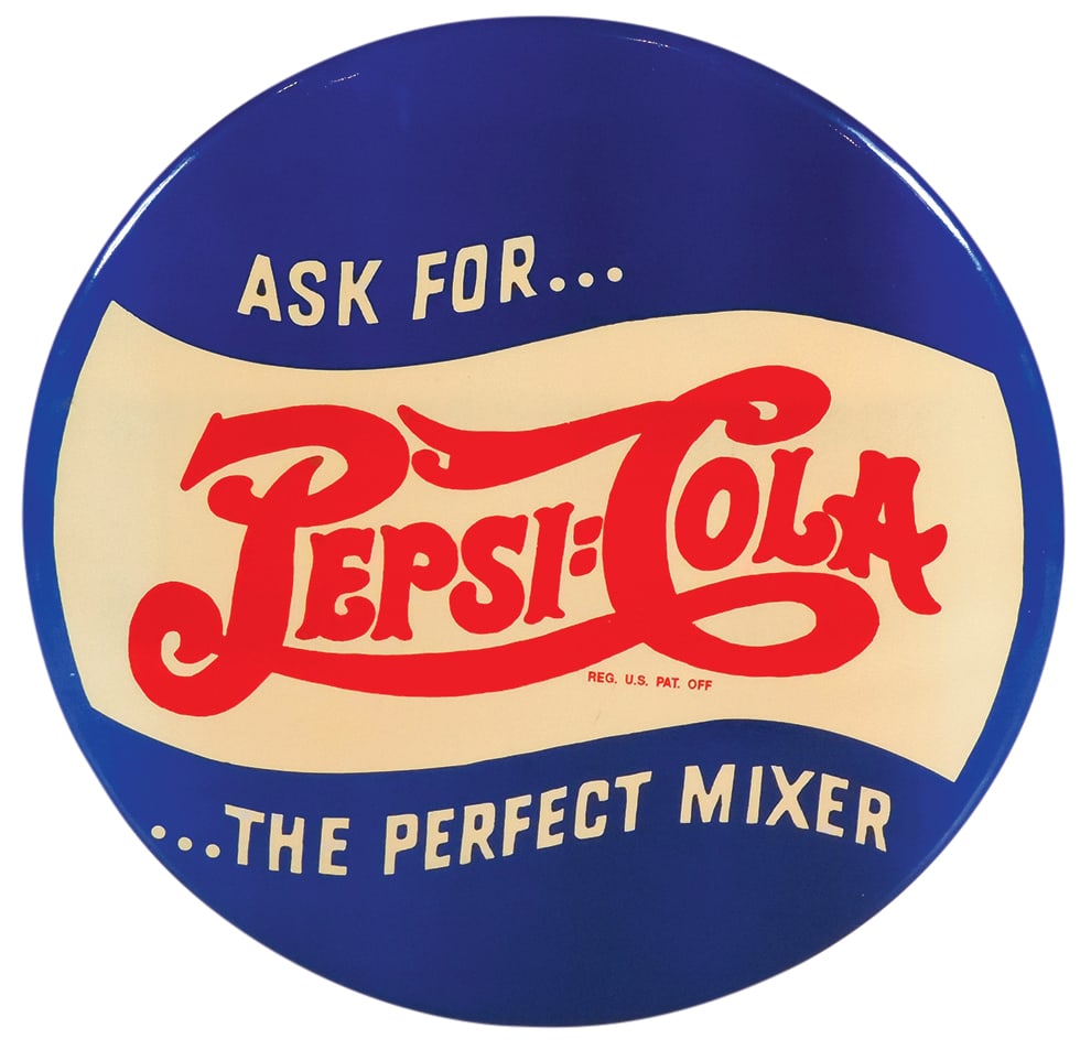 Pepsi-Cola Double-Dot Button Sign, "Ask For….The Perfect Mixer", celluloid over cdbd w/orig string (1 of 1)