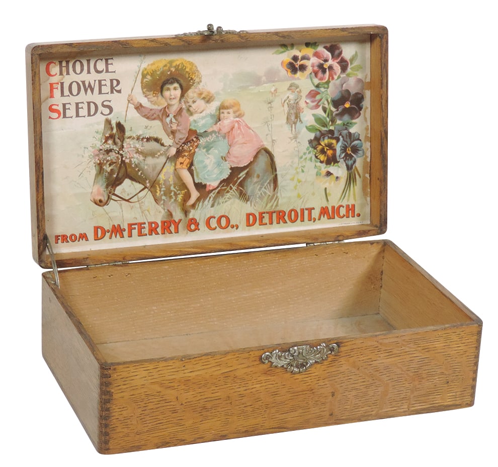 Flower Seed Box, Choice Flower Seeds from D.M. Ferry & Co.-Detroit, Mich., dovetailed oak w/fancy (1 of 1)