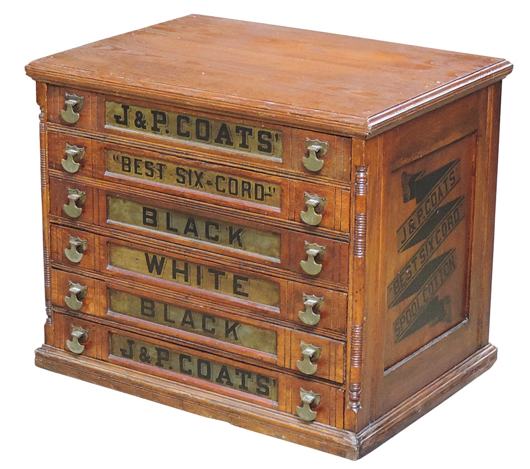 Spool Cabinet, J. & P. Coats' Best Six Cord, walnut 6-drawer w/logo on flat brass pulls, VG (1 of 2)