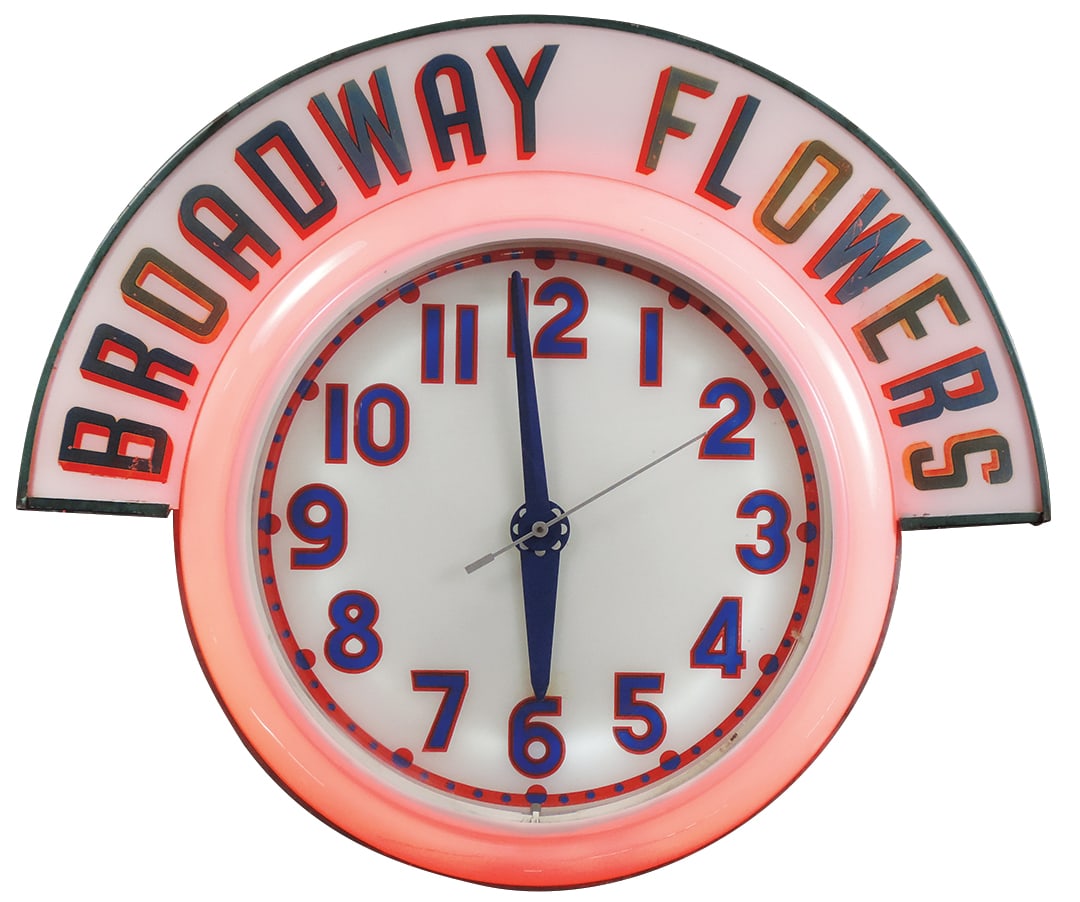 Neon Clock w/Broadway Flowers marquee, metal case & acrylic cover w/red back light, c.1950's, (1 of 1)