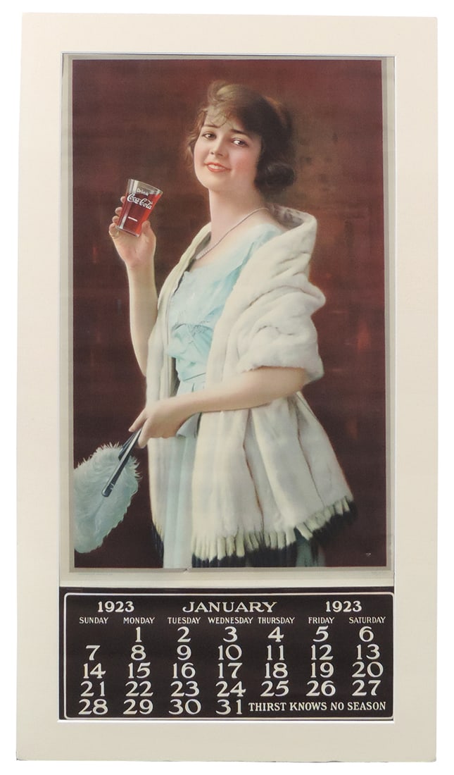 Coca-Cola Calendar, c.1923 w/full pad, pretty girl in Ermine wrap, "Thirst Knows No Season", Exc (1 of 1)