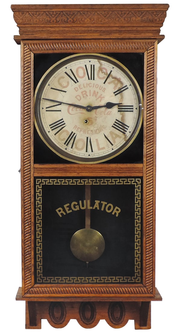 Coca-Cola Clock, oak wall regulator w/orig Coca-Cola dial, mfgd by Ingraham c.1905, VG working cond (1 of 1)