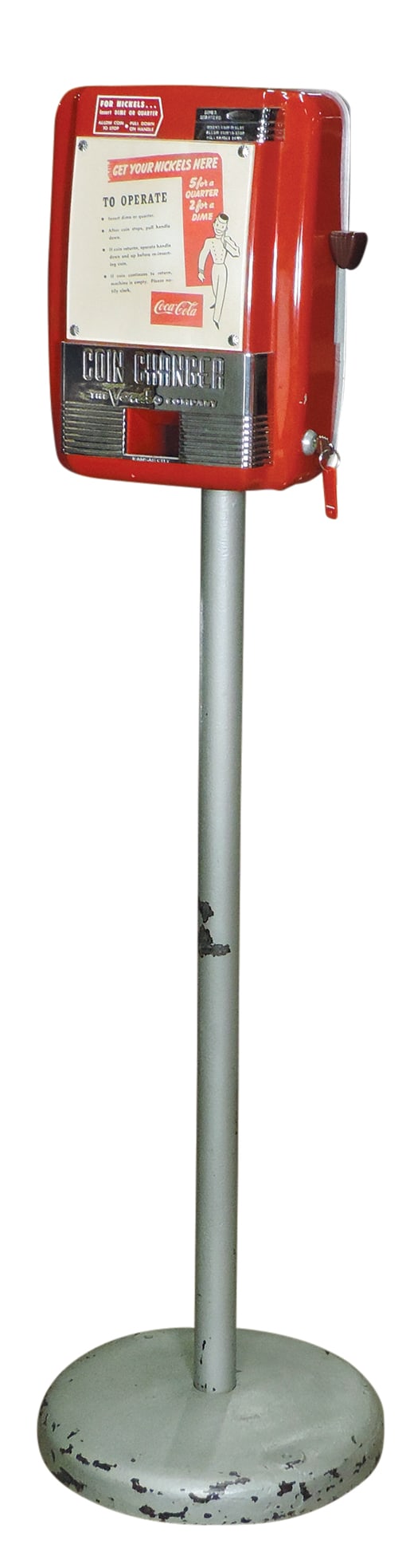 Coca-Cola Coin Changer, mfgd by Vendo, pressed steel on pedestal, c.1940's, 5 nickels for a quarter, (1 of 2)