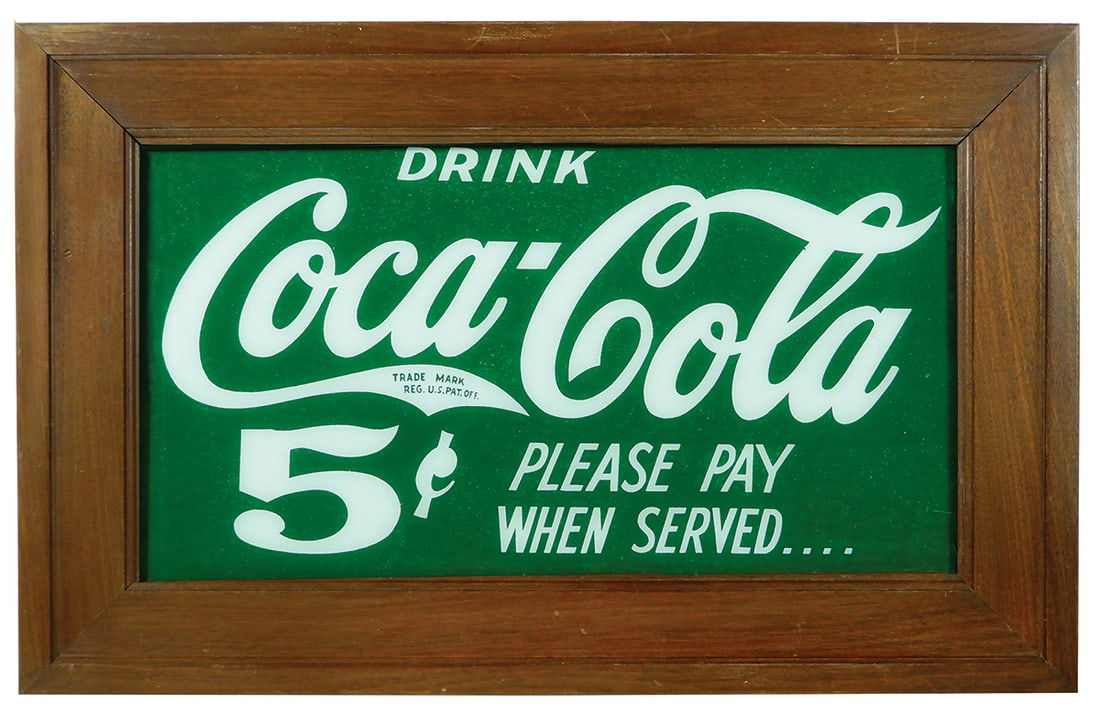 Coca-Cola Sign, Drink Coca-Cola 5 Cents-Please Pay When Served, reverse-painted glass in green (1 of 1)