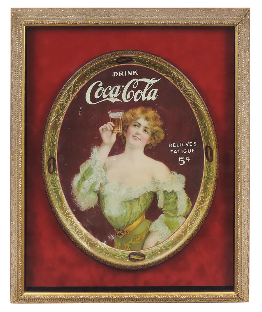 Coca-Cola Serving Tray, c.1907, Rare large size, litho on metal of Victorian woman w/"Relieve (1 of 1)