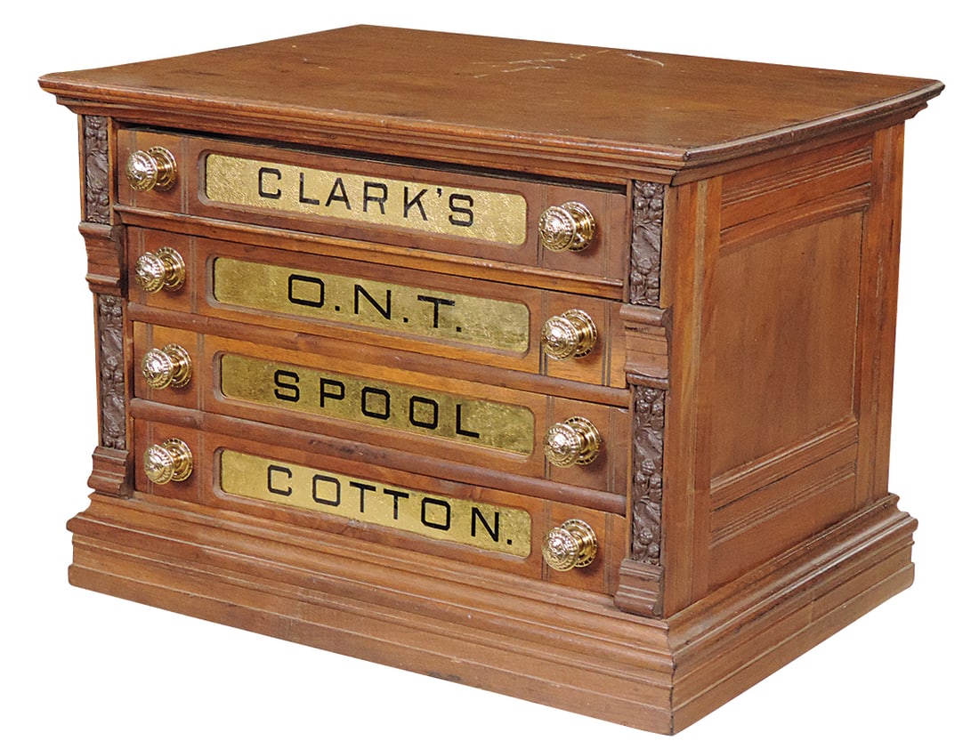 Spool Cabinet, Clark's ONT, walnut 4-drawer w/pressed designs, burnished knobs & reverse gilt (1 of 2)