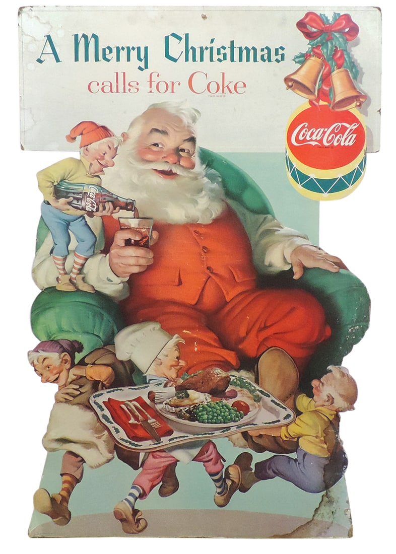 Coca-Cola Christmas diecut, large litho on cdbd easelback of Santa Claus & Elves, Good cond w/soft (1 of 1)