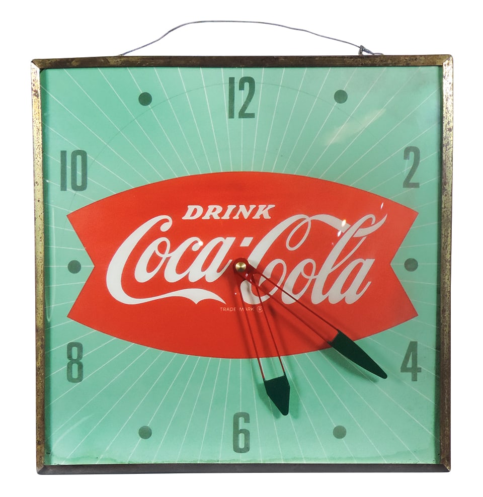 Coca-Cola Clock, 1960's fishtail in red, green & white, electric w/convex outer glass, VG working (1 of 1)