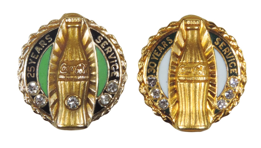 Coca-Cola Employee Emblem Pins (2), Recognition of 25 yrs-yellow gold, 5 (diamond) stones, reverse: Coca-Cola Employee Emblem Pins (2), Recognition of 25 yrs-yellow gold, 5 (diamond) stones, reverse lower marked Dieges & Clust 10K & 30 yrs-yellow gold, 6 (diamond) stones, reverse lower marked Dieges