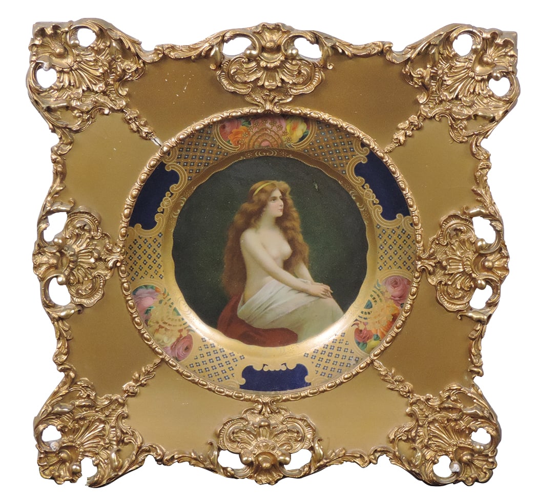Decorative Art, Nude Vienna Art Plate, litho on tin of young female, in the orig gilt gesso frame,: Decorative Art, Nude Vienna Art Plate, litho on tin of young female, in the orig gilt gesso frame, c.1910, VG+ cond w/some minor losses & joint separation on frame, 15"Sq.