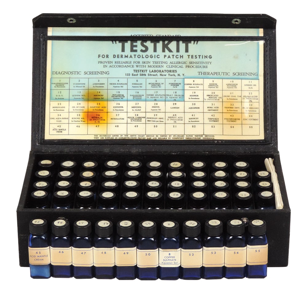 Medical Allergies Test Kit, fitted case for 55 different cobalt blue glass bottles (1 absent), each (1 of 1)