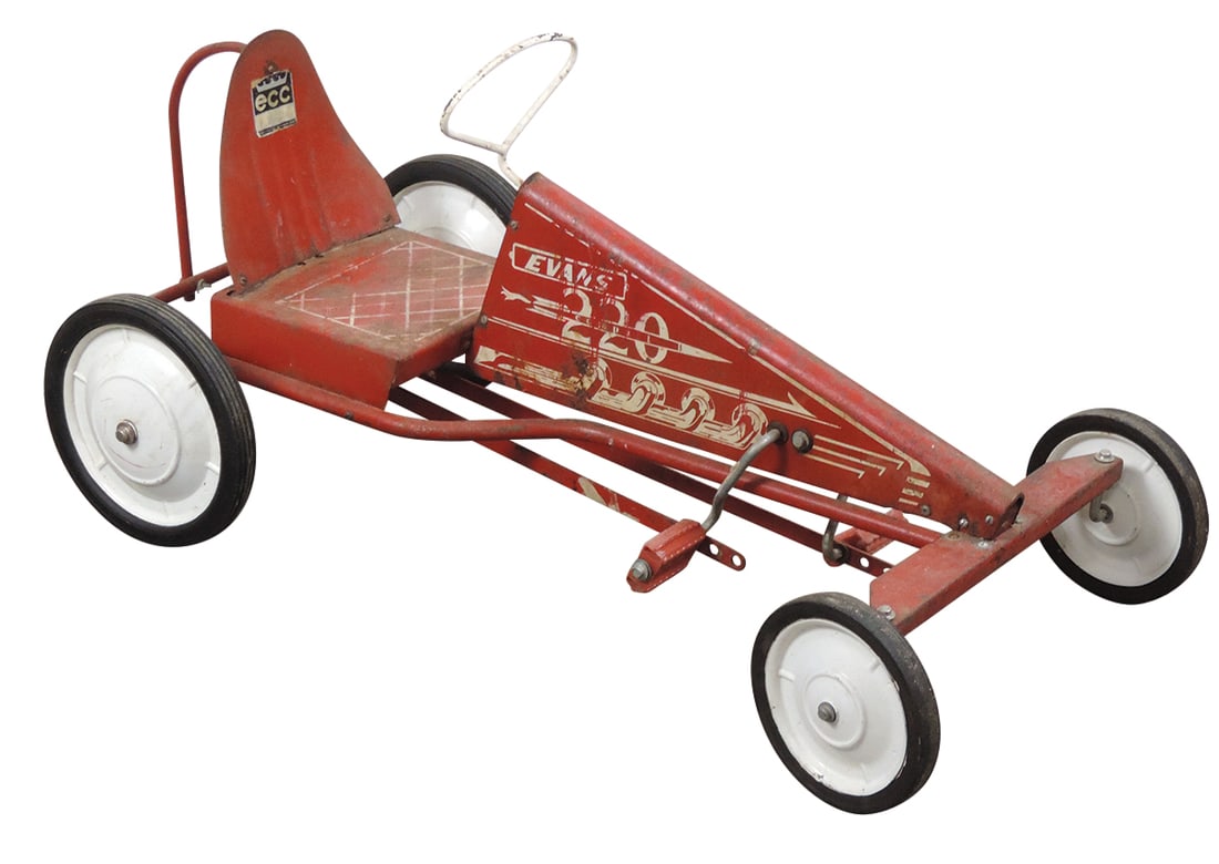 Child's Pedal Tot Rod Racer, 220 mfgd by Evans Cycle Co., pressed steel, Good+ working cond w/orig: Child's Pedal Tot Rod Racer, 220 mfgd by Evans Cycle Co., pressed steel, Good+ working cond w/orig finish, 19"H x 40"W x 20"L.