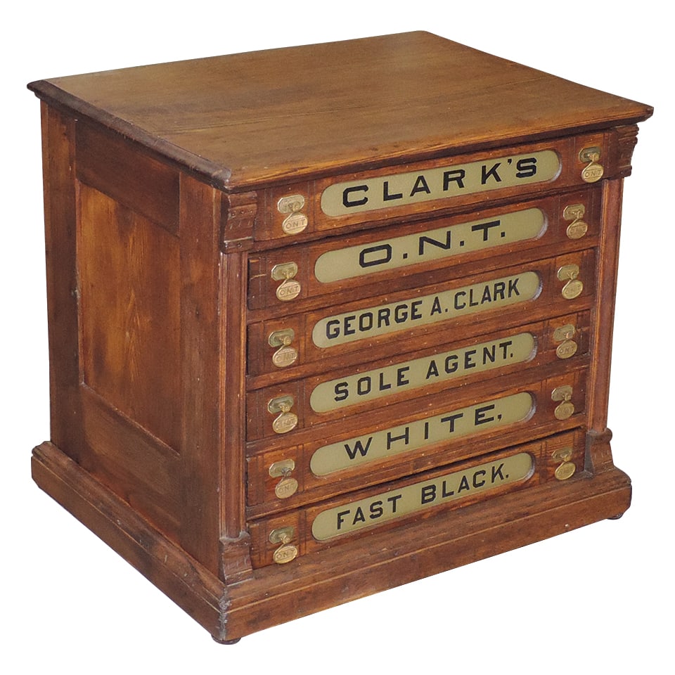 Spool Cabinet, Clark's O.N.T. oak 6-drawer w/glass & reverse painted drawer fronts & (1 of 2)