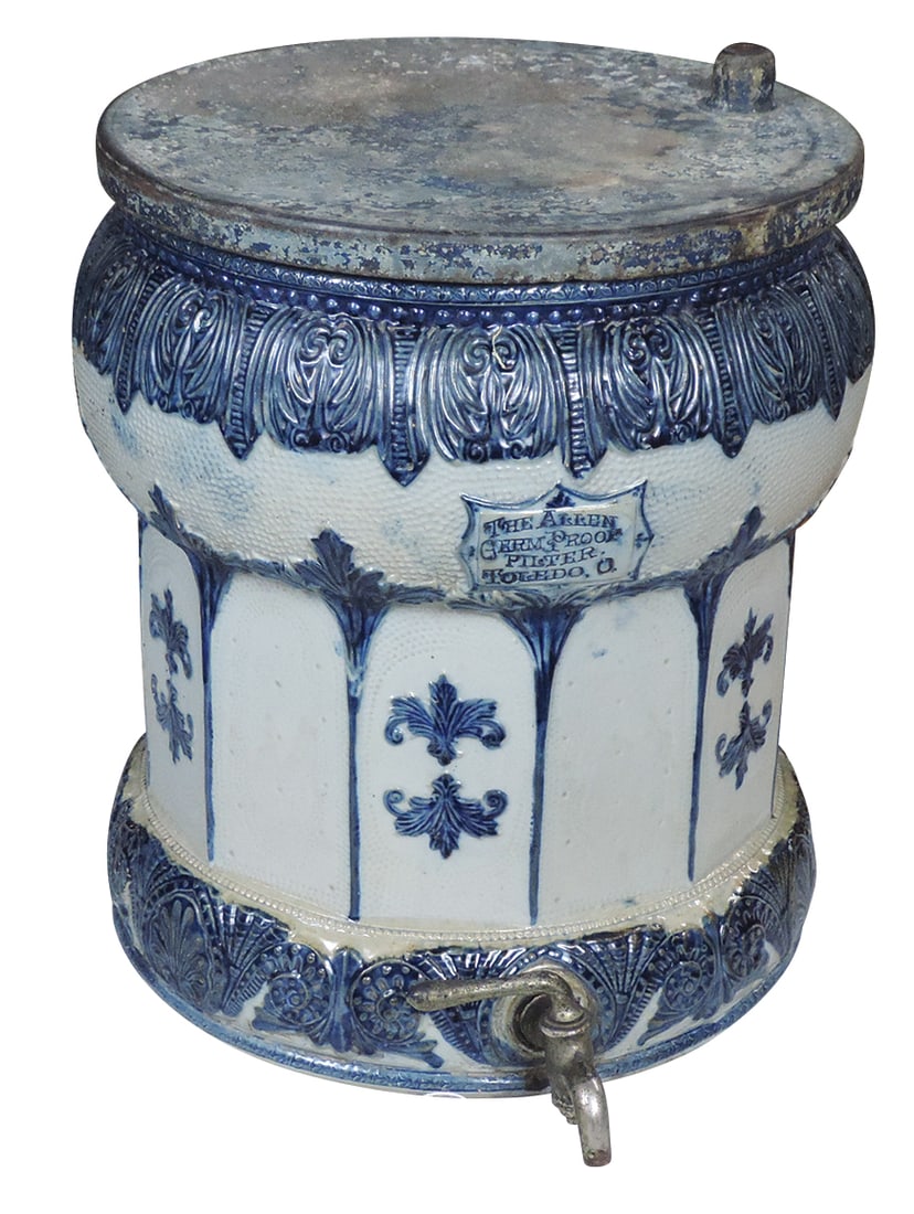 Stoneware Water Cooler, Allen Germ Proof Filter, mfgd in Toledo, OH, blue/gray floral embossed (1 of 1)