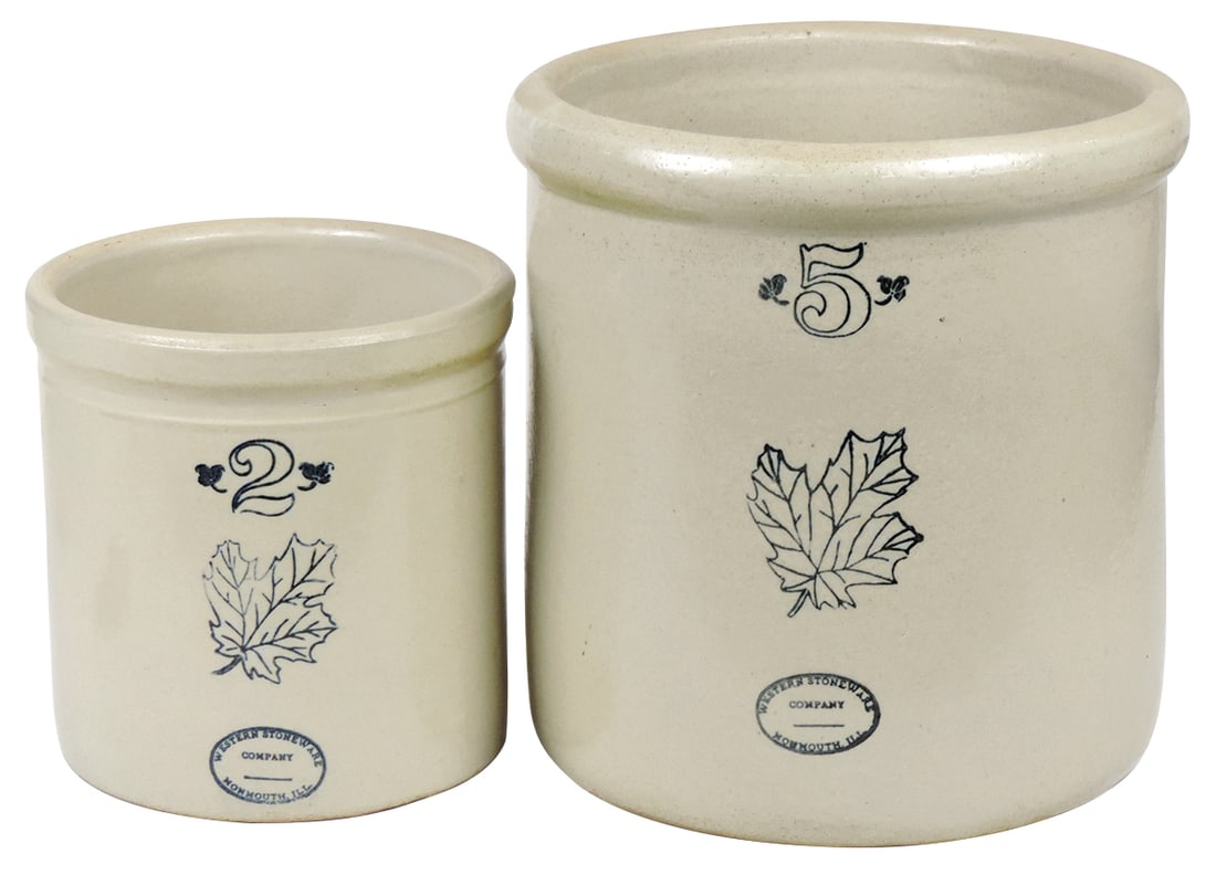 Stoneware Crocks (2), Western Stoneware 5 gal & 2 gal decorated w/maple leaves, Exc cond, larger (1 of 1)