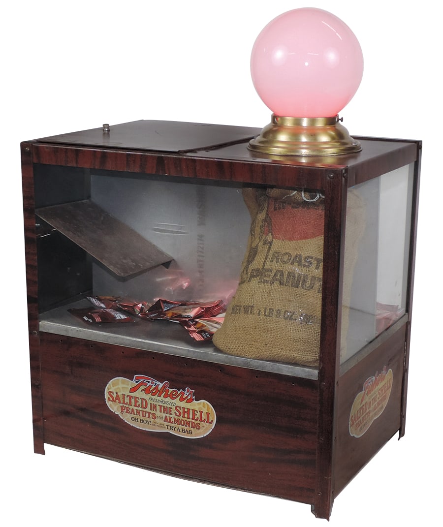Carnival Peanut Vendor, "Fisher's Salted in The Shell" table top pressed tin warmer w/wood-grained (1 of 2)