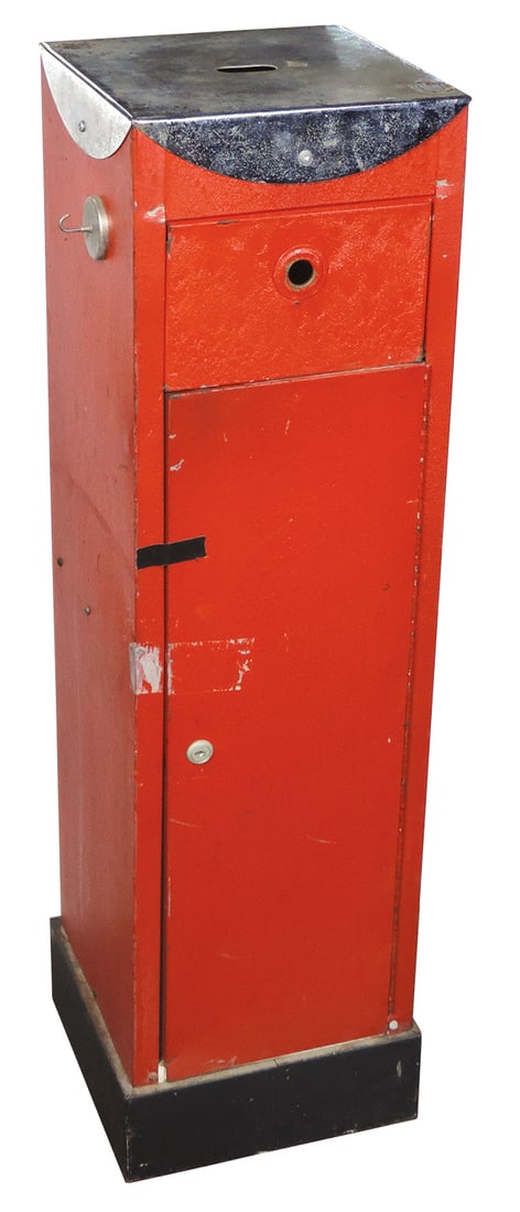 Ticket Attendant's Stand, Art Deco pressed steel, c.1920s w/nickel-plated top & hidden time table (1 of 2)