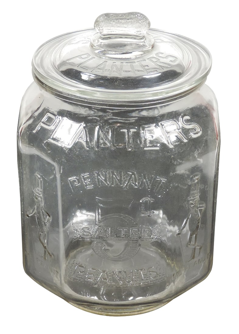 Planters Peanut Pennant 5 Cent Jar, 8-sided embossed glass jar w/Mr. Peanut on all corners, embossed (1 of 4)