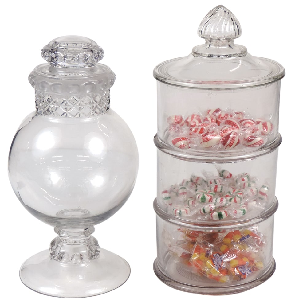 Candy Store Show Jars (2), Dakota urn & 3-section stacking w/swirl finial cover, VG cond w/some (1 of 1)