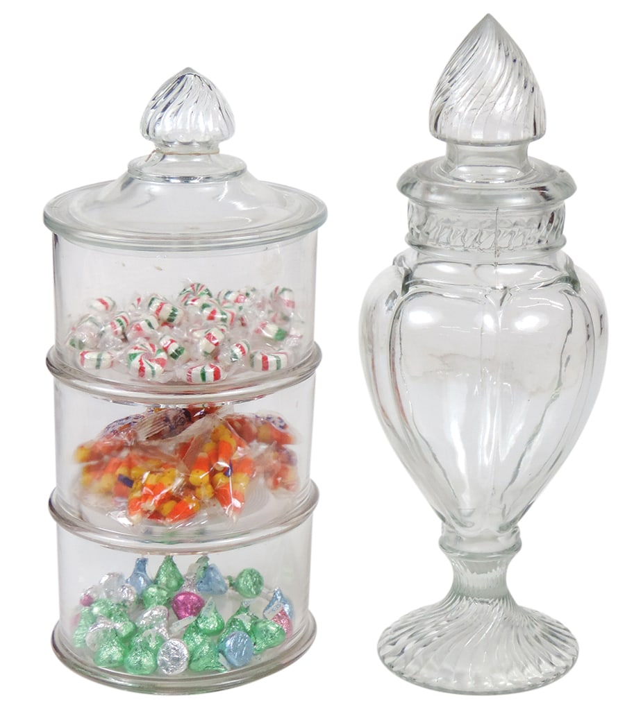Candy Store Show Jars (2), Pacific urn & 3-section stacking w/swirl finial cover, VG cond w/some (1 of 1)