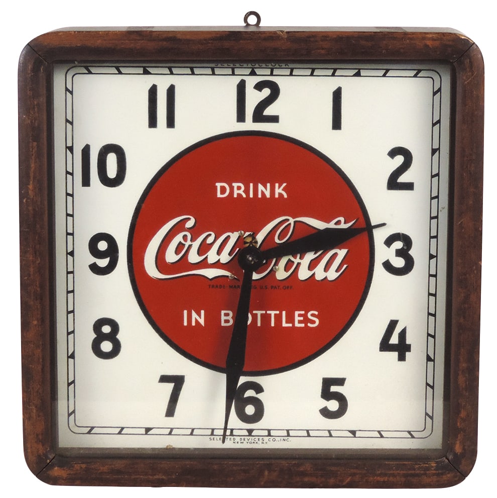 Coca-Cola Selecto Clock, electric w/litho on tin dial in wood case, mfgd by Selected Devices Co., VG (1 of 1)