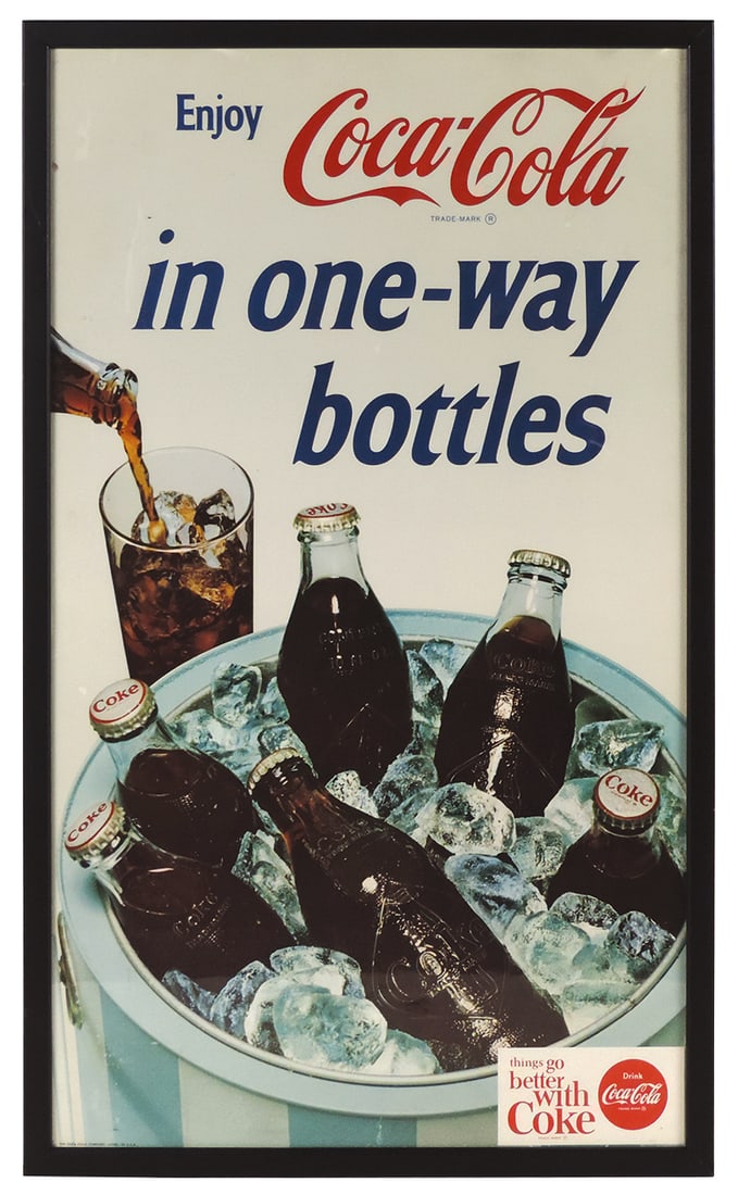 Coca-Cola Sign, litho on cdbd, c.1960s, bottles w/diamond logo, "Enjoy Coca-Cola in one-way (1 of 1)