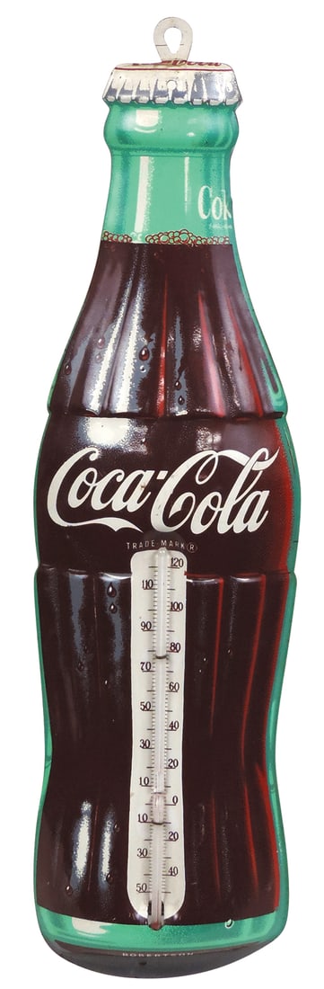 Coca-Cola Thermometer, bottle shaped embossed metal, mfgd by Robertson, Exc cond but fluid tube (1 of 1)