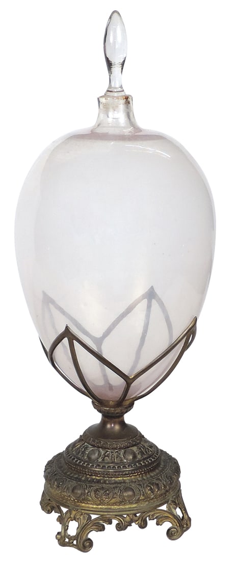 Apothecary Show Globe, large 19th C. blown glass teardrop form in ornate cast metal stand, VG cond, (1 of 1)