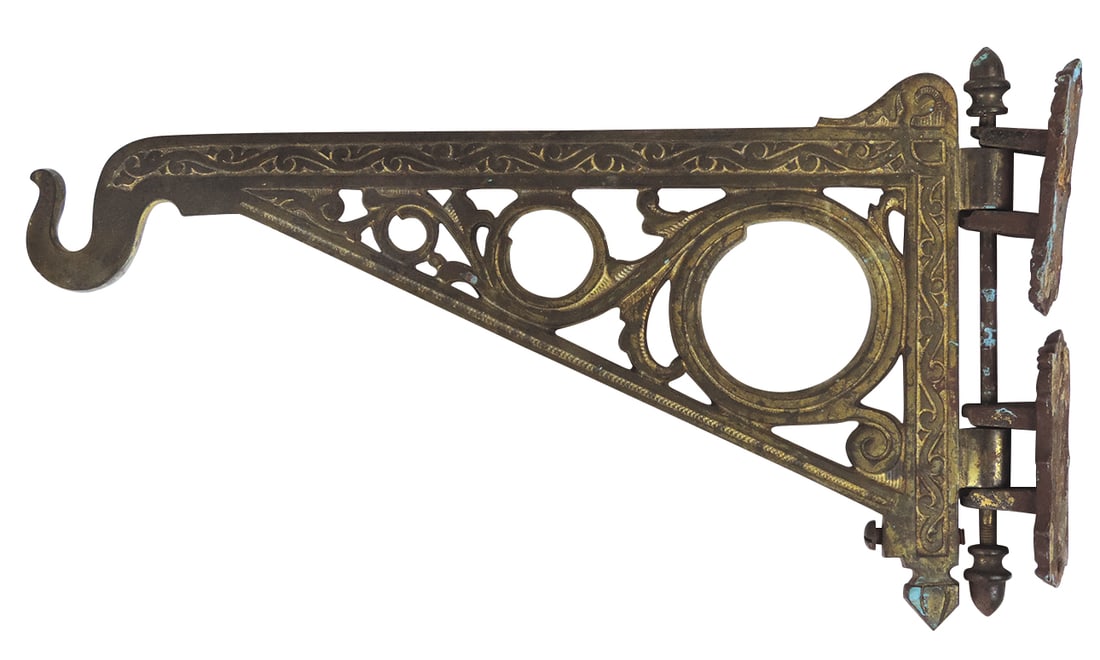 Apothecary Show Globe Hanger, cast iron w/openwork design & brass finish, VG cond, 15"L. (1 of 2)