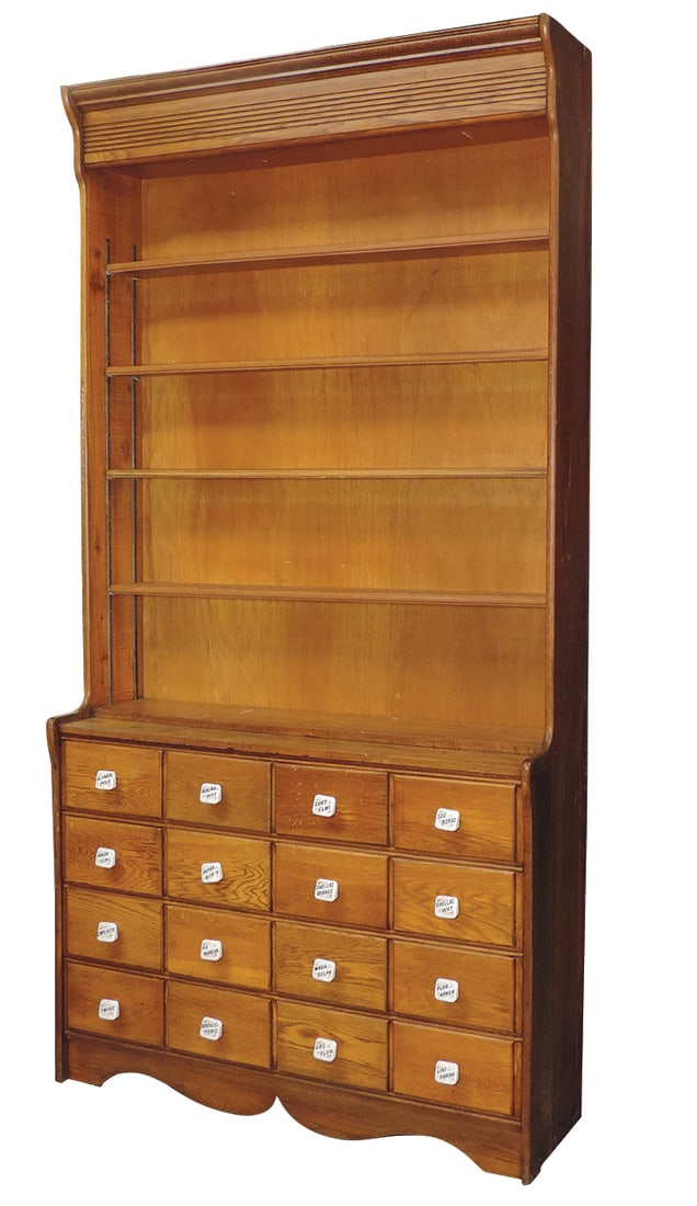 Apothecary Cabinet, 19th C., one-piece oak w/16 drawer base below 4 setback adjustable shelves, ea (1 of 1)