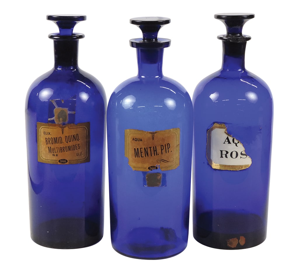 Apothecary Bottles (3), matching cobalt blue w/stoppers, 1 w/partial LUG & loss to rim, others VG+ (1 of 1)