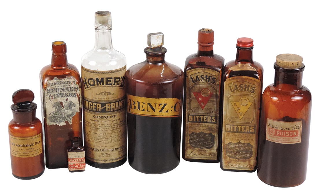 Apothecary Bottles (8), brown w/paper labels, incl Lash's Bitters & Homer's Ginger & Brandy, most (1 of 1)