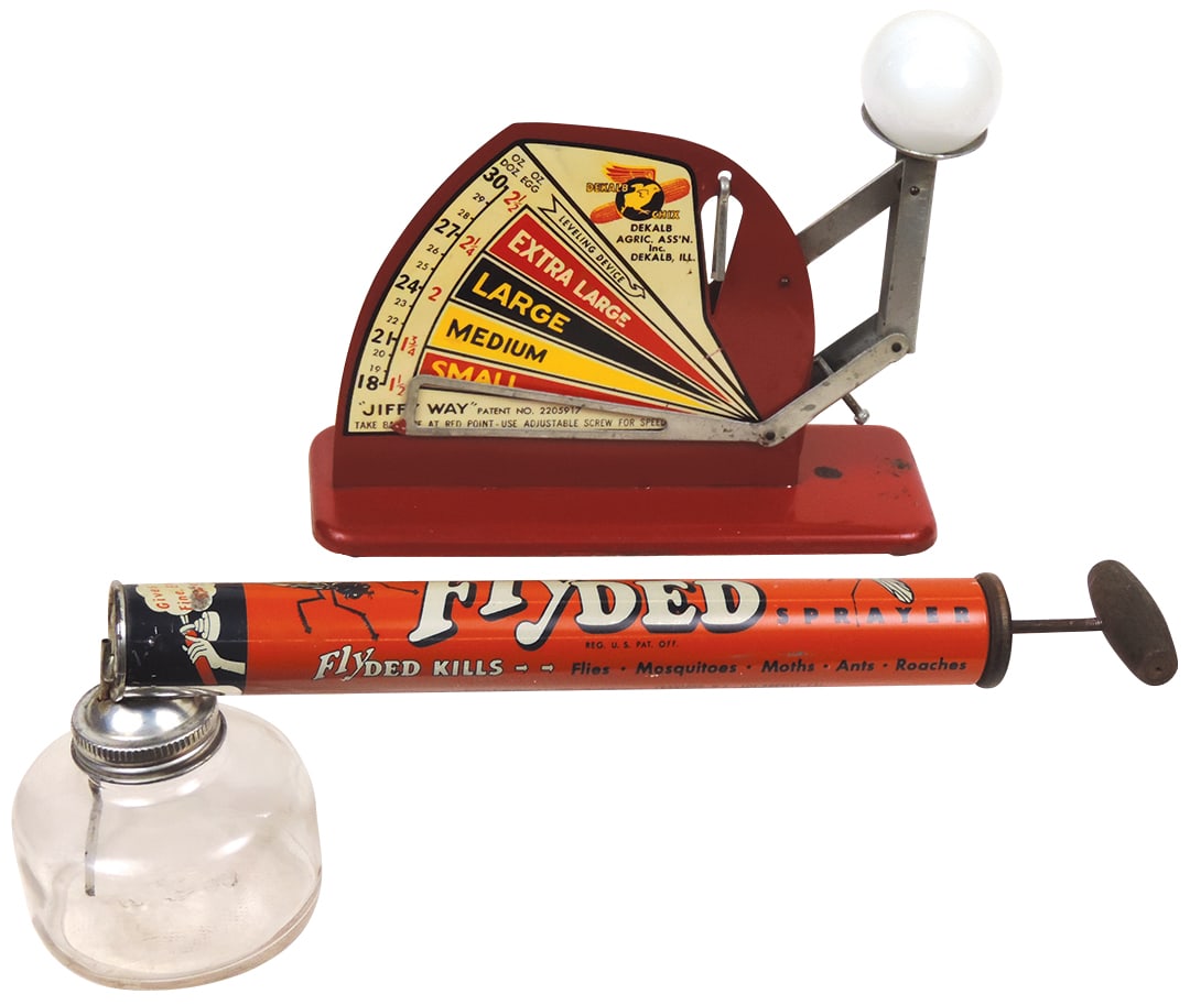 Farming Items (2), DeKalb egg grading scale, litho on tin in red w/glass egg, the hard-to-find (1 of 1)
