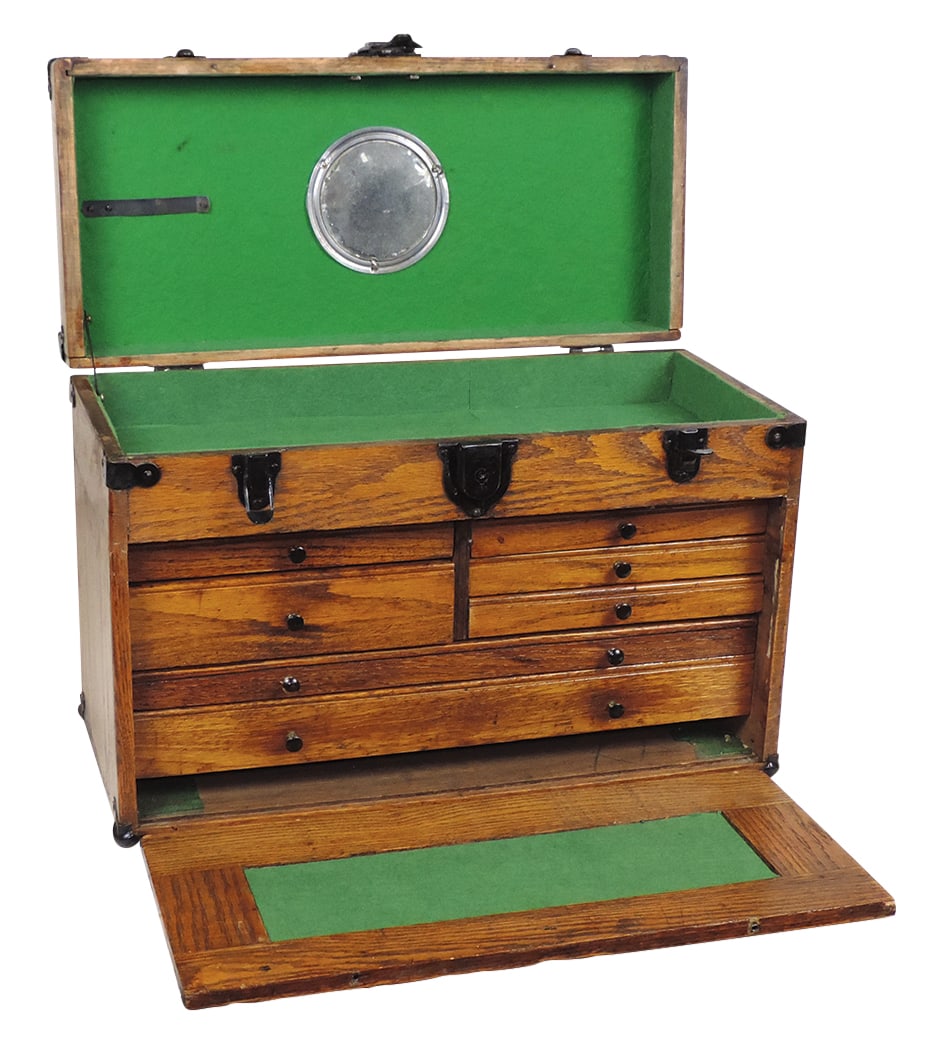 Tool Chest, oak Machinist 7-drawer w/cover panel & hinged top storage, VG refinished cond & newer (1 of 2)