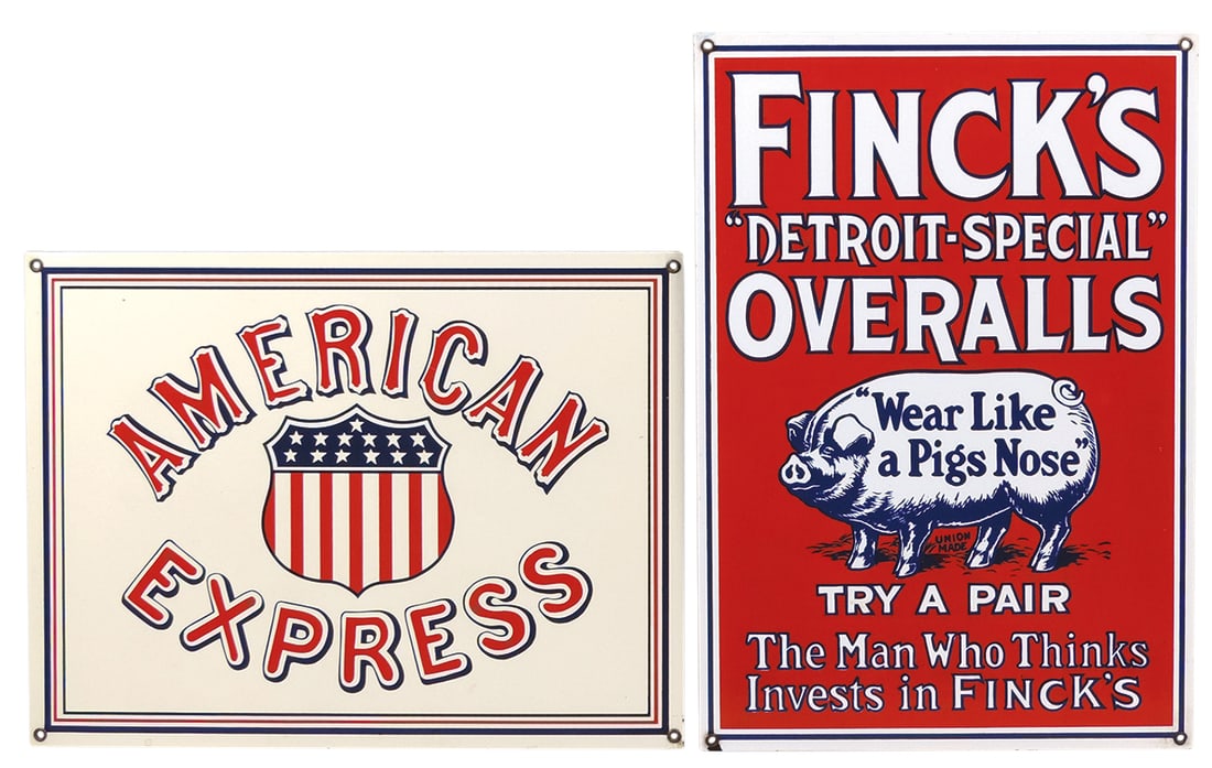 Advertising Signs (2), Fink's Overalls & American Express, SSP on steel, contemporary, Exc cond,: Advertising Signs (2), Fink's Overalls & American Express, SSP on steel, contemporary, Exc cond, 17.5"H x 12"W.