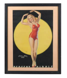 Earl Moran Pin-Up Art, "Custom Made 1945", Marilyn Monroe (??), colorful litho on paper, Fair/Good: Earl Moran Pin-Up Art, "Custom Made 1945", Marilyn Monroe (??), colorful litho on paper, Fair/Good cond w/bottom lettering incomplete, framed 24"H x 19"W.