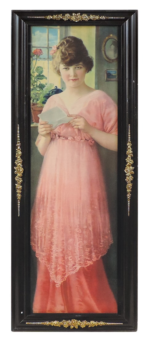 Decorative Yard Long Print, young beauty in pink dress w/love letter by Pompeian Co., in period (1 of 1)