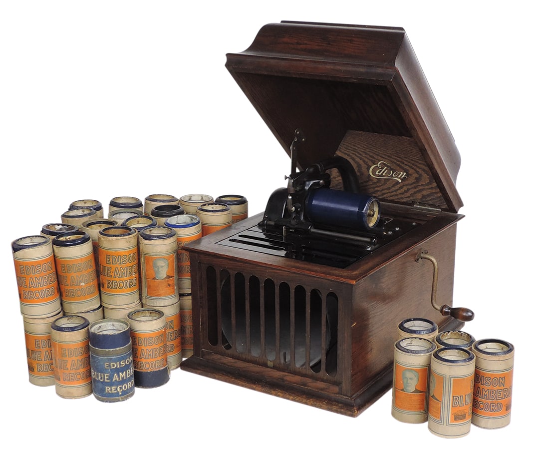 Phonograph, Edison Amberola, Model 30 cylinder player in oak case, includes cylinders, most (1 of 2)