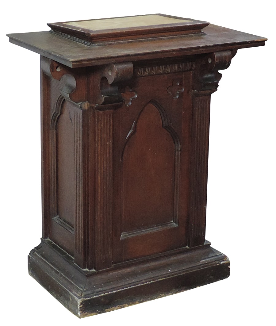 Religious, Ecclesiastical Oak Pulpit w/Gothic arch panels, scrolled corbels & fluted stiles, storage (1 of 2)