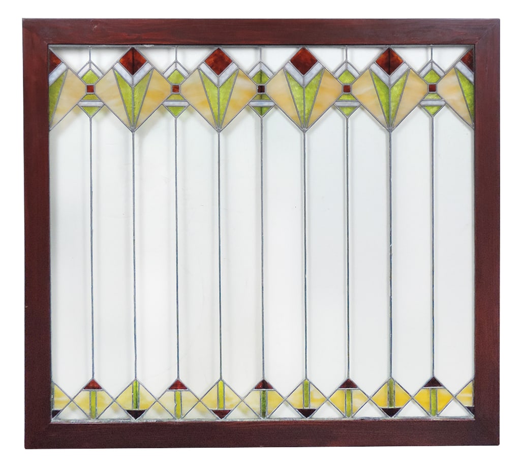 Stained Glass Window, geometric Art Deco arrow designs in textured colors, Exc cond noting no: Stained Glass Window, geometric Art Deco arrow designs in textured colors, Exc cond noting no cracks, in later wood frame, 47.5"H x 54"W overall.