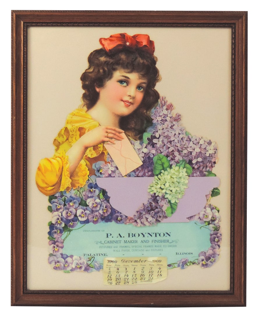 Furniture Store Calendar, 1909 folding multi-dimensional diecut of young beauty w/lilacs, for P.A. (1 of 1)