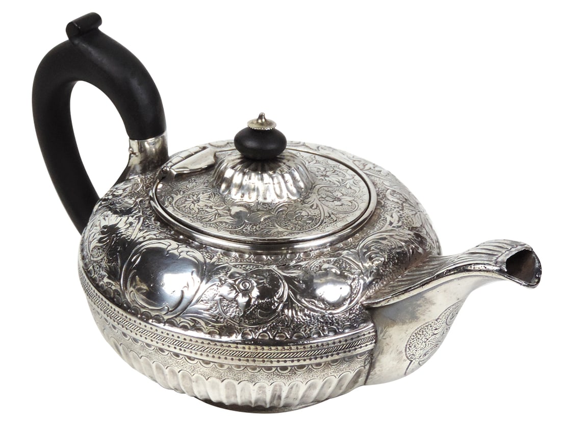 George III English Silver Tea Pot, Alice & George Burrows-London, 1776, allover repousse florals (1 of 3)