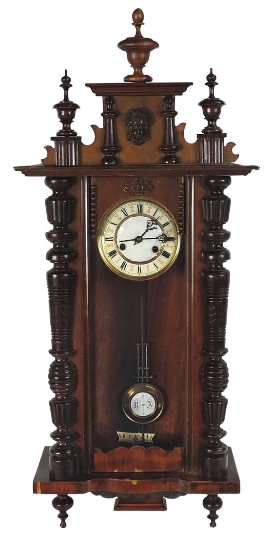 Clock, Vienna Style Regulator, walnut w/enameled chapter ring & turned decoration, from the Lord (1 of 1)