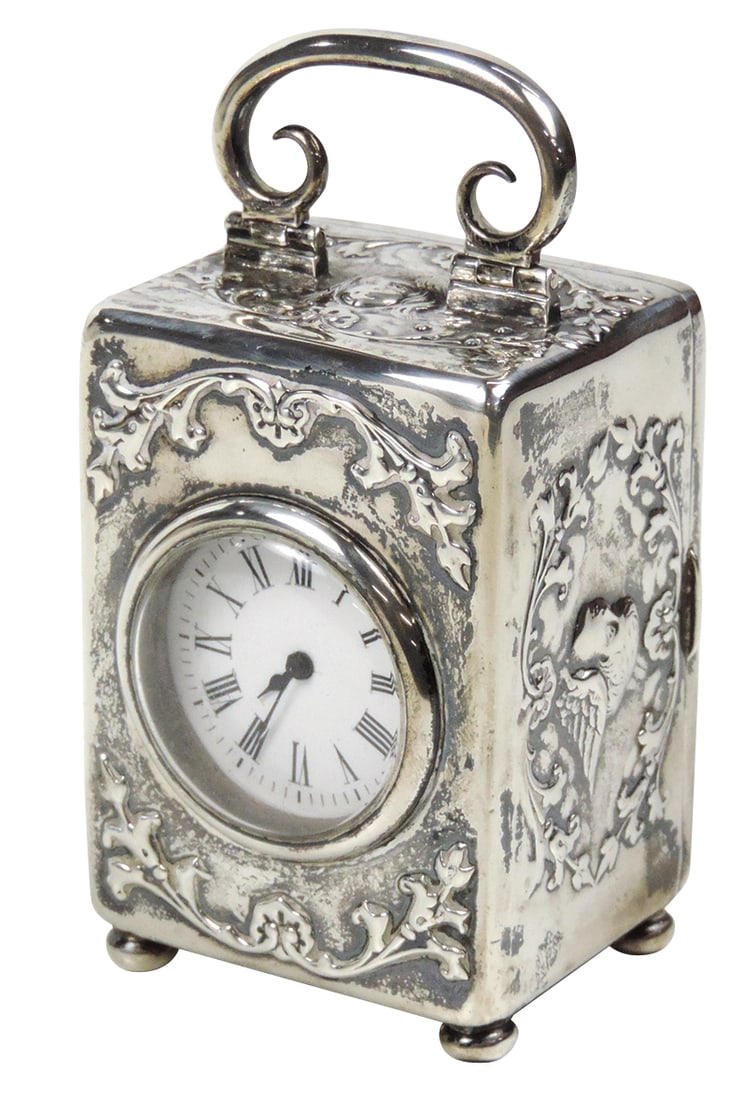 Victorian English Silver Cased Carriage Clock, William Comyns-London, 1902 w/repousse Raphaelite (1 of 4)