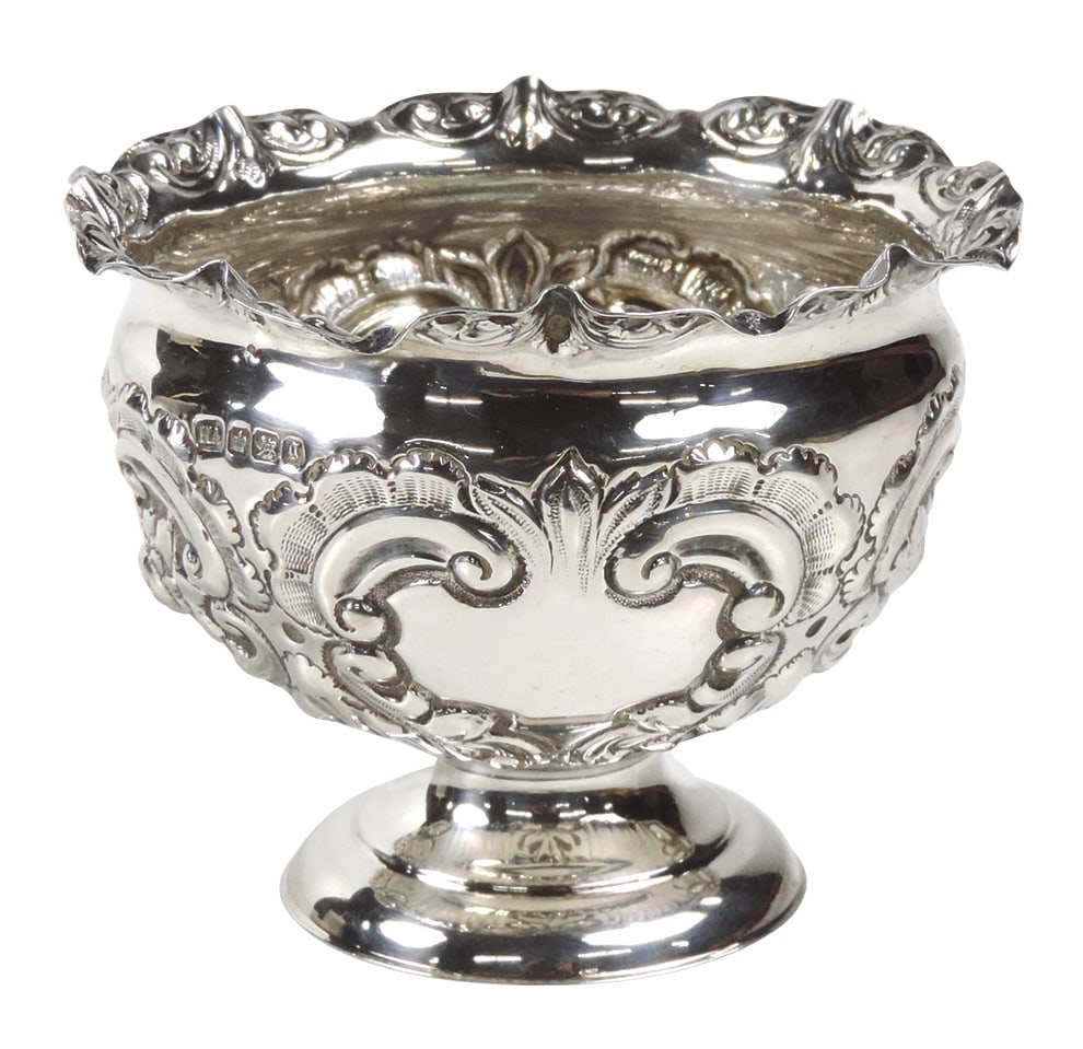 Victorian English Silver Footed Bowl, Harry Atkin-Birmingham, 1881, stamped hallmarks incl makers,: Victorian English Silver Footed Bowl, Harry Atkin-Birmingham, 1881, stamped hallmarks incl makers, anchor & lion passant, w/repousse scrolled floral medallions, from the Lord Richard Action Estate, Ex