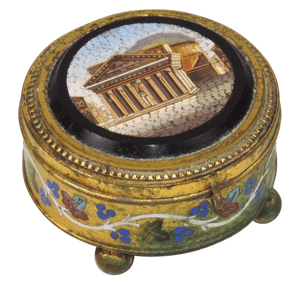 Victorian Micro Mosaic & Champlevé Enamel Dresser Box, c.1850 w/enameled floral band below mosaic (1 of 2)
