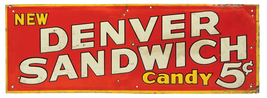 Candy Store Denver Sandwich Sign, mfgd by Robertson Steel, embossed tin, Fair to Good cond w/wear (1 of 1)