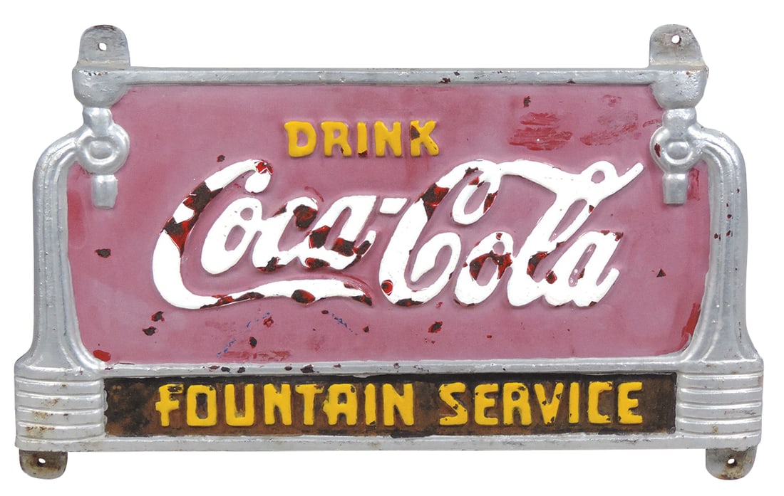 Coca-Cola Park Bench Plaque, cast iron adv fountain service, Good+ cond, faded paint w/chips, 13"H x (1 of 1)