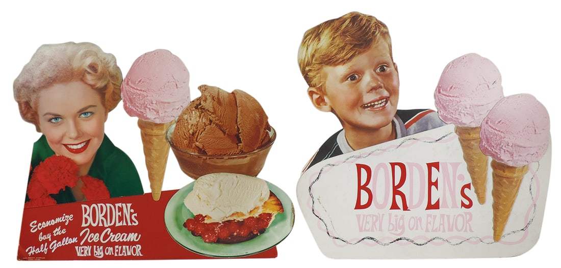 Soda Fountain Borden's Ice Creams Signs (2), both colorful litho on cdbd diecut easel backs w/fun: Soda Fountain Borden's Ice Creams Signs (2), both colorful litho on cdbd diecut easel backs w/fun graphic, one marked Schmidt Litho Co. SF, c.1960's, both in VG cond w/some edge wear & some light spot