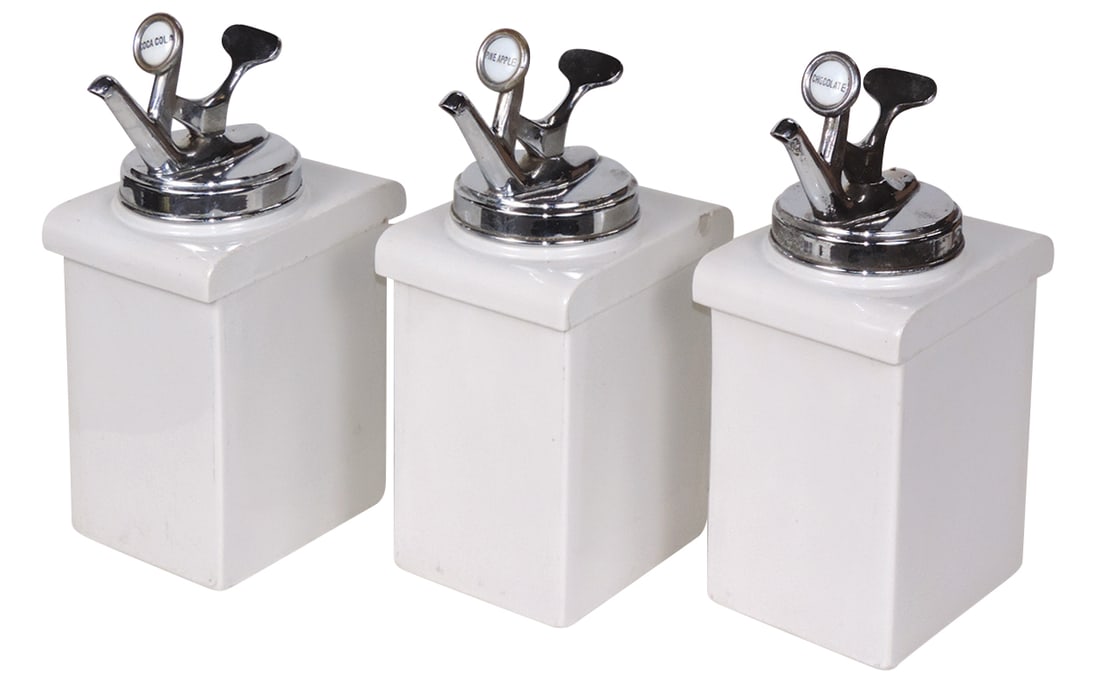 Soda Fountain Syrup Dispensers (3), glass porcelain counter drop-ins by Walrus Mfg. Co. w/pumps & (1 of 1)